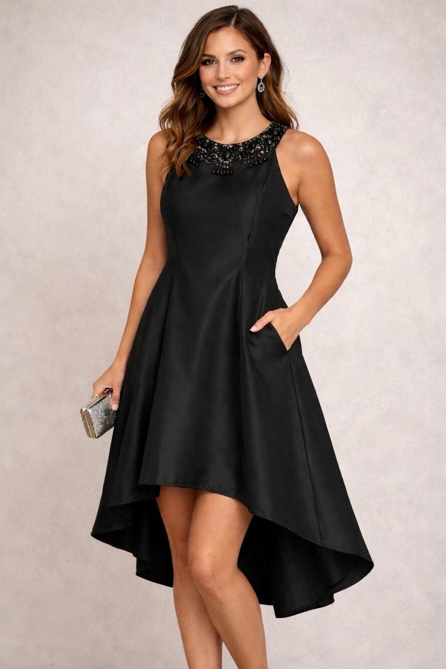Adrianna Papell Women's 14 Black Beaded High-Low Cocktail Dress NWOT
